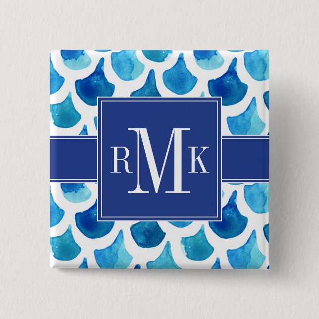 Blue Watercolor Scale Pattern 2 Inch Square Button (Front)