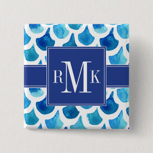 Blue Watercolor Scale Pattern 2 Inch Square Button