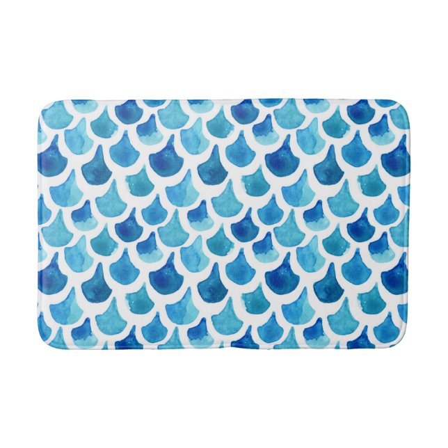 Blue Watercolor Scale Pattern Bath Mat (Front)