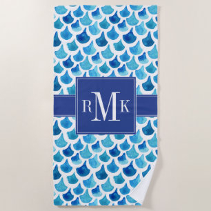 Blue Watercolor Scale Pattern Beach Towel