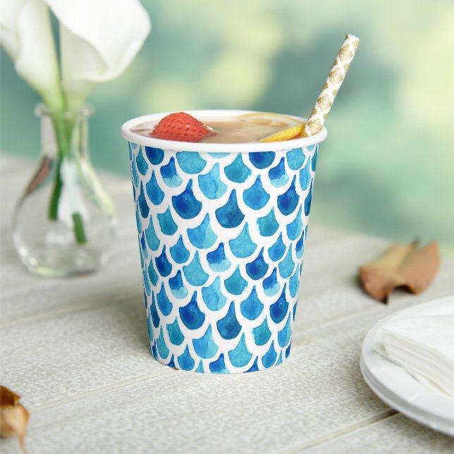 Blue Watercolor Scale Pattern Paper Cups (Insitu)