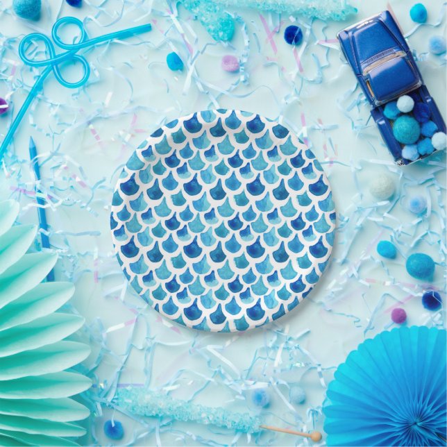 Blue Watercolor Scale Pattern Paper Plate (Party)