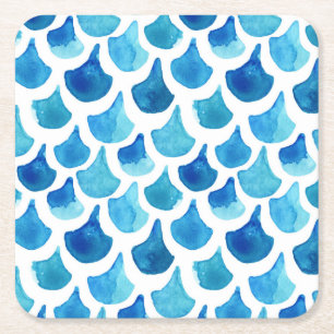 Blue Watercolor Scale Pattern Square Paper Coaster