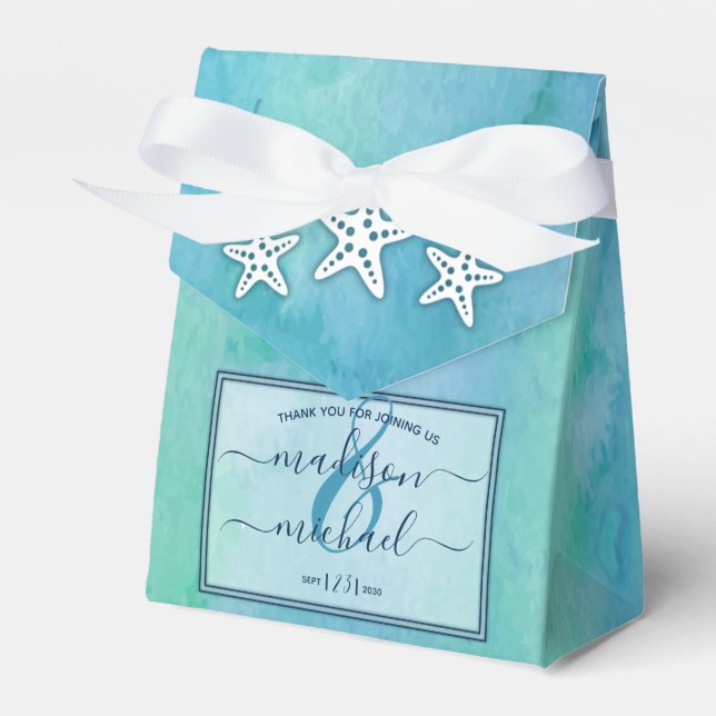 Blue Watercolor Sea Ocean Starfish Wedding Favor Box (Front Side)