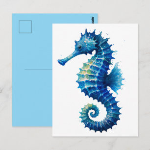 Blue Watercolor Seahorse Art Postcard