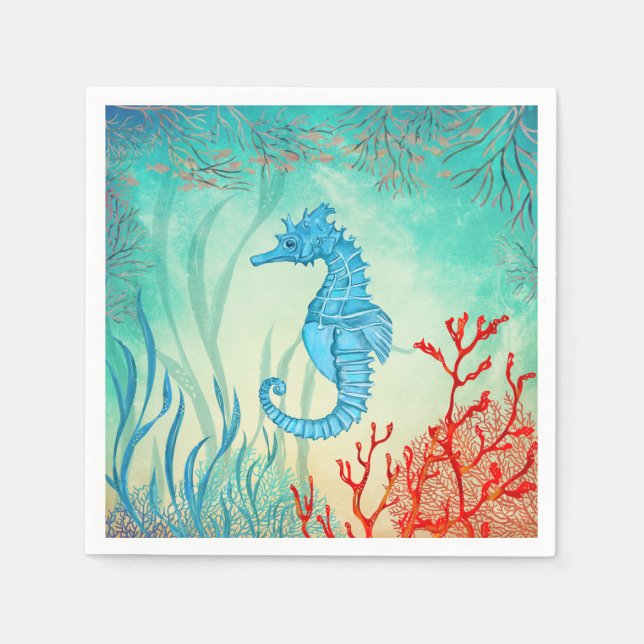 Blue watercolor seahorse napkin (Front)