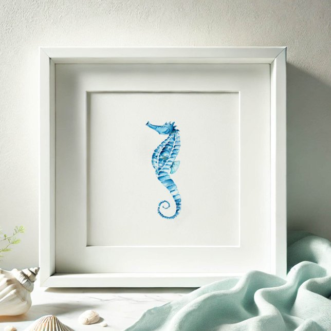 Blue Watercolor Seahorse Poster (Watercolor paintings by Victoria Grigaliunas seahorse print in shades of blue.)