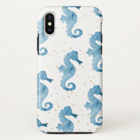 Blue Watercolor Seahorses Pattern Gold Sparkles