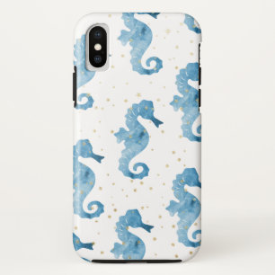 Blue Watercolor Seahorses Pattern Gold Sparkles Case-Mate iPhone Case