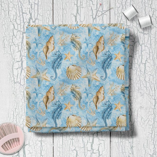 Blue Watercolor Seahorses Starfish Pattern Fabric (Blue Watercolor Seahorses Starfish Pattern Fabric -- Chose from 7 fabric types!)