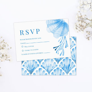 Blue Watercolor Seashell and Coral RSVP Card