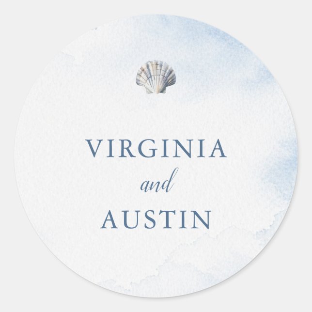 Blue Watercolor Seashell Beach Wedding Sticker (Front)