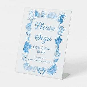 Blue Watercolor Seashell Coastal Wedding Guestbook Pedestal Sign