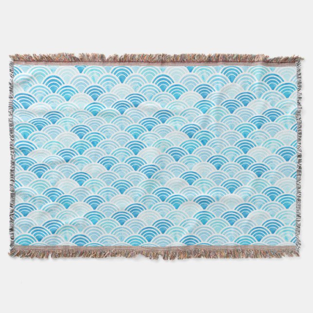 Blue Watercolor Seigaiha Pattern Throw Blanket (Front)