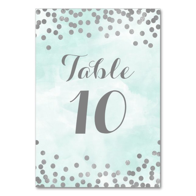 Blue Watercolor Silver Confetti Table Number Cards (Front)
