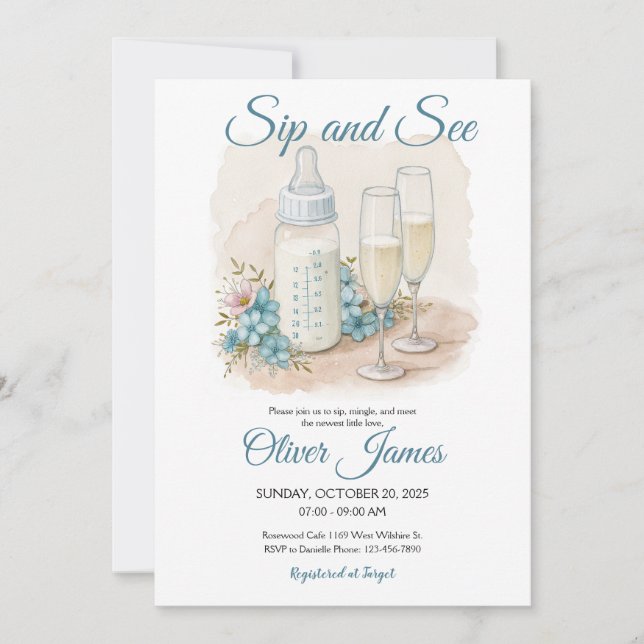 Blue Watercolor Sip and See Invitation (Front)