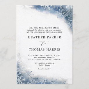 Blue Watercolor Snowflake Elegant Winter Wedding Invitation