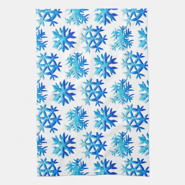 Blue Watercolor Snowflake Pattern Kitchen Towel (Vertical)