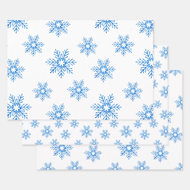 Blue Watercolor Snowflake Pattern   Wrapping Paper Sheet (Set)