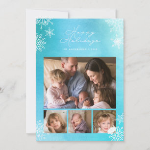 Blue Watercolor Snowflakes Happy Holidays Photo Holiday Card