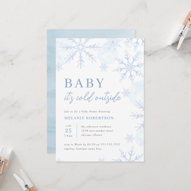 Blue Watercolor Snowflakes Winter Boy Baby Shower Invitation (Front/Back In Situ)