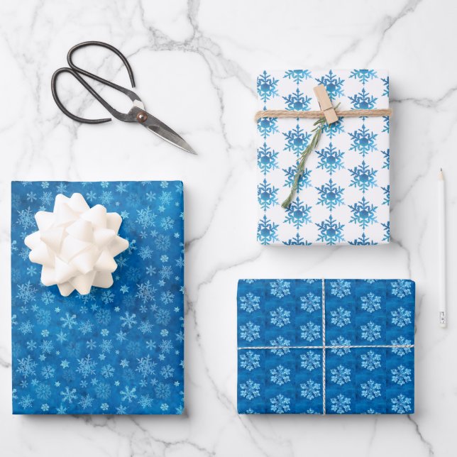 Blue Watercolor Snowflakes Wrapping Paper Sheets (Front)