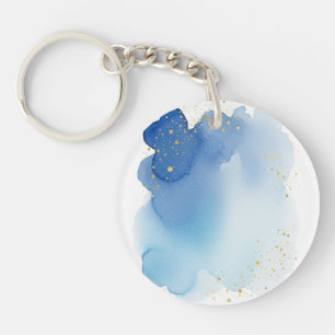 Blue Watercolor Splash with Gold Glitter Dots Keychain