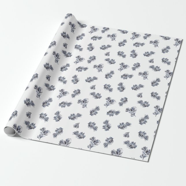 Blue Watercolor Sprig Wrapping Paper (Unrolled)