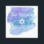 Blue Watercolor Star of David Bar Mitzvah Napkin<br><div class="desc">Perfect modern cocktail disposable paper napkins in blue turquoise watercolor design with white Star of David.  Bar Mitzvah or Bat Mitzvah easy to personalize by adding name and option date.</div>