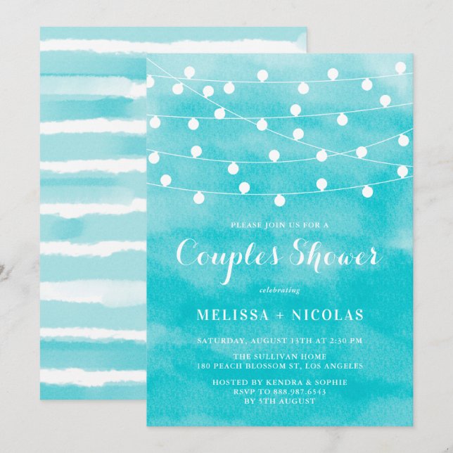 Blue Watercolor | String Lights Couples Shower Invitation (Front/Back)