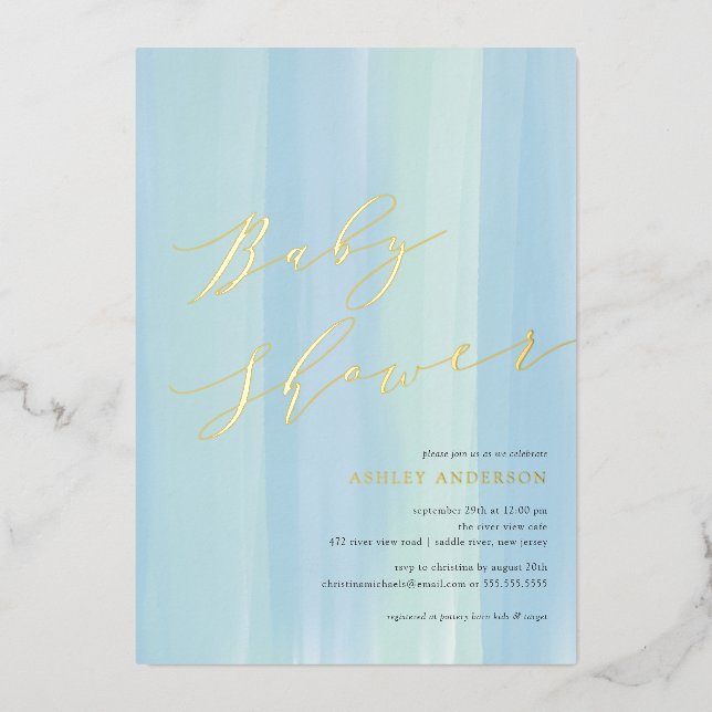 Blue Watercolor Stripe Baby Shower Foil Invitation (Front)