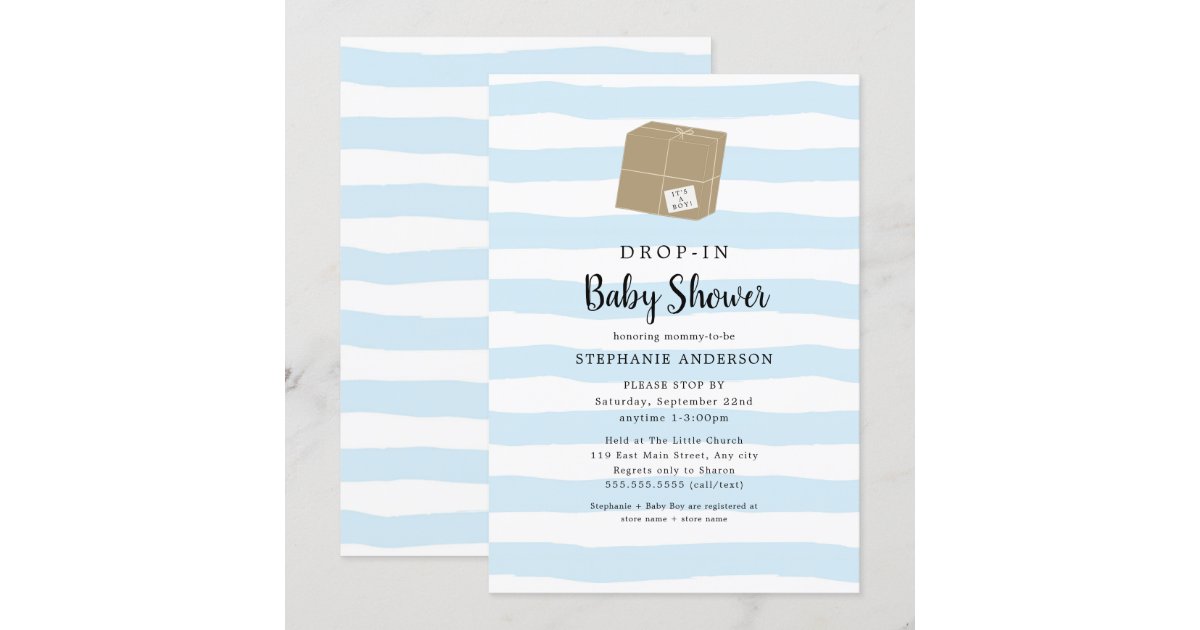 Blue Watercolor Stripe DROPIN Boy Baby Shower Invitation Zazzle