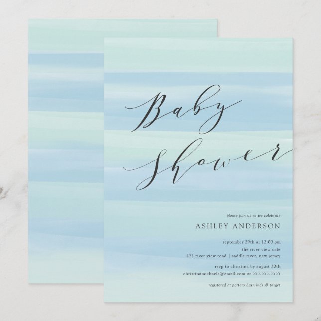 Blue Watercolor Stripes Baby Shower Invitation (Front/Back)