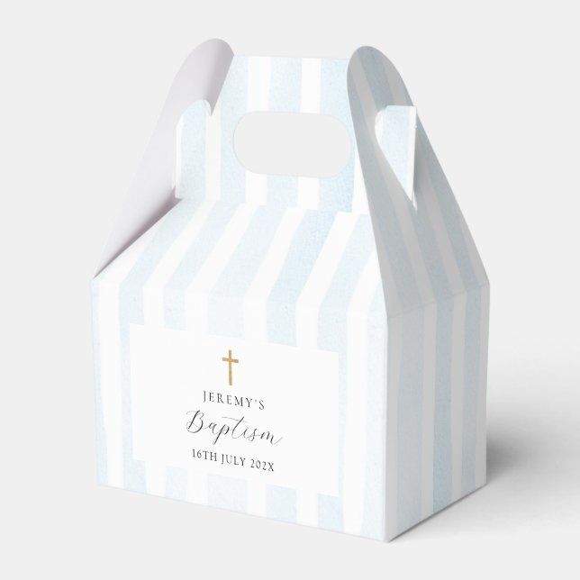 Blue Watercolor Stripes Baptism Favor Box (Front Side)