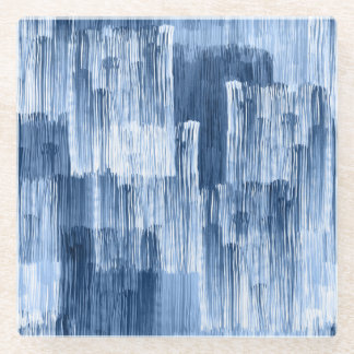 Blue Watercolor Stripes: Geometric Pattern Glass Coaster