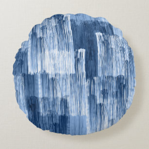 Blue Watercolor Stripes: Geometric Pattern Round Pillow