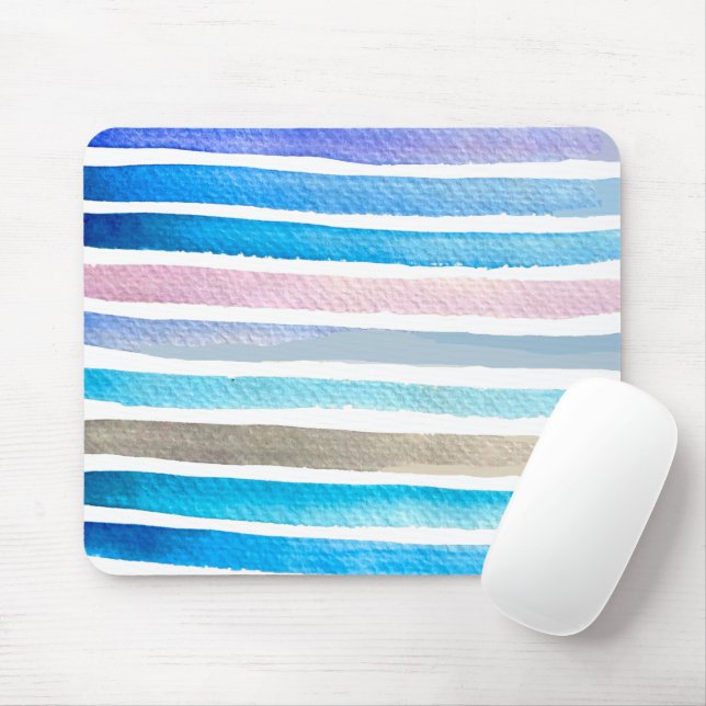 Blue watercolor stripes hand painted mouse pad (With Mouse)