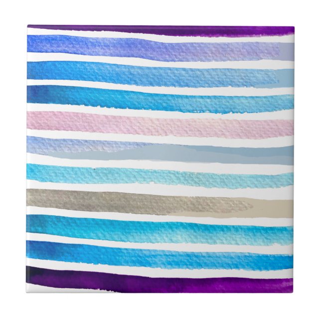 Blue watercolor stripes hand painted tile (Front)