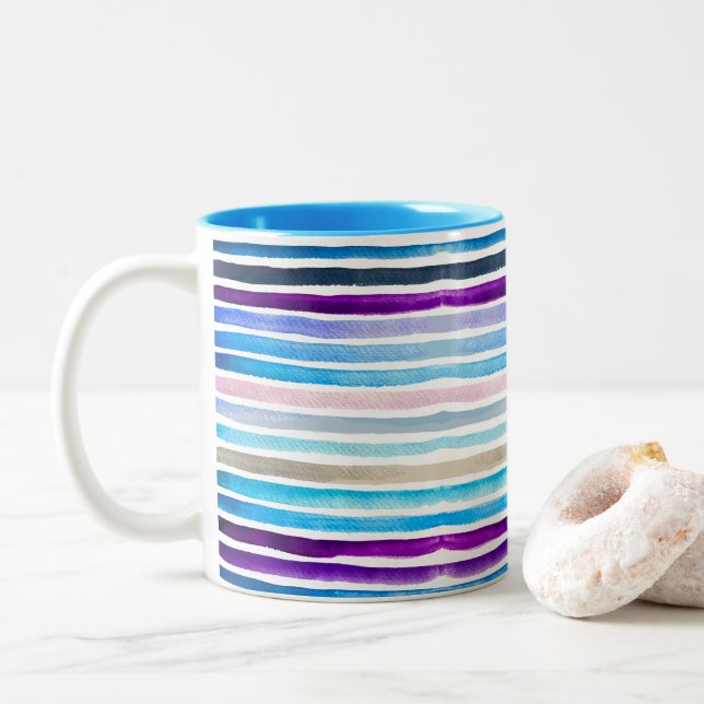 Blue watercolor stripes hand painted Two-Tone coffee mug (With Donut)