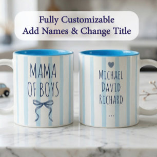 Blue Watercolor Stripes Mama of Boys & Kids Names Two-Tone Coffee Mug