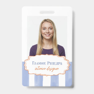 Blue Watercolor Stripes Wavy Frame Add Name Badge