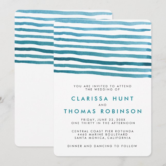 Blue Watercolor Stripes Wedding Invitation (Front/Back)