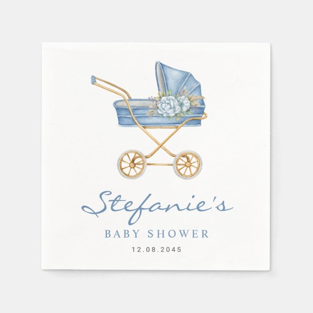 Blue Watercolor Stroller It's a Boy Baby Shower Napkin (Front)