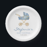 Blue Watercolor Stroller It's a Boy Baby Shower Paper Plate<br><div class="desc">Invite guests to your event with these customizable baby shower paper plates. It features a watercolor illustration of a baby stroller with floral accents. Personalize by adding your details. These blue baby shower paper plates are perfect for It's a Boy baby shower.</div>