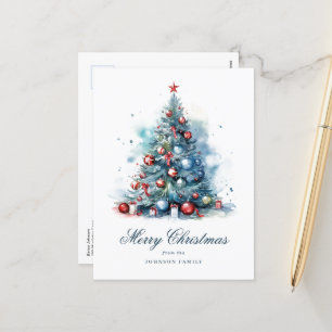 Blue Watercolor Style Christmas Tree Holiday Postcard
