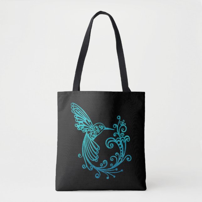 Blue Watercolor Stylized Hummingbird Tote Bag (Front)