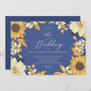 Blue Watercolor Sunflower Script Wedding Invitation