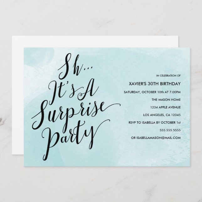 Blue Watercolor Surprise Party Invitation (Front/Back)