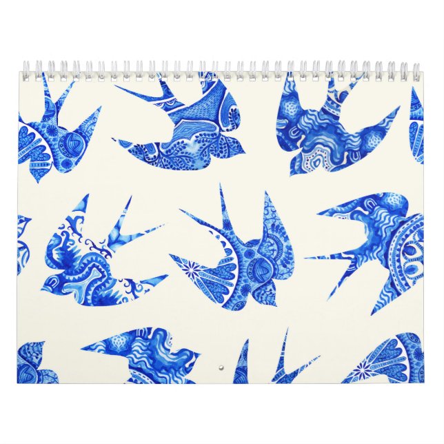 Blue Watercolor Swallow Bird Pattern Calendar (Cover)