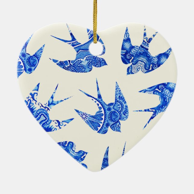 Blue Watercolor Swallow Bird Pattern Ceramic Ornament (Back)